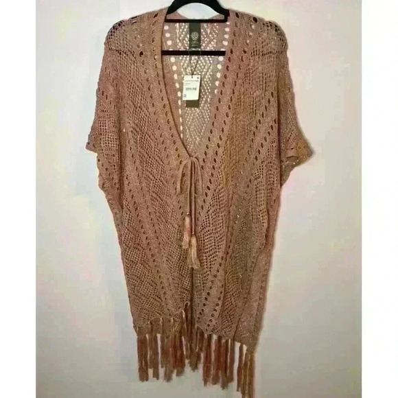 Vince Camuto Open Knit Womens Sweater Fringe Boho Shimmer Crochet Lightweight - Picture 2 of 11